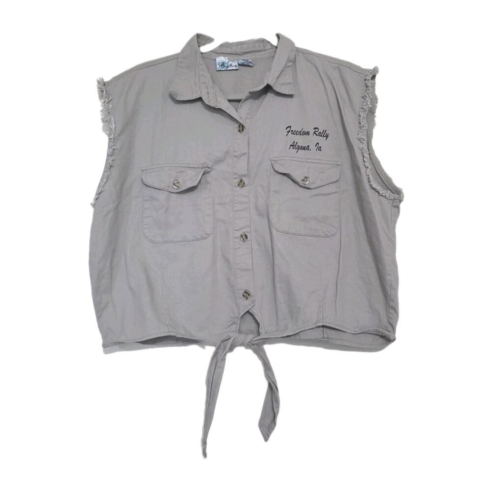 Vintage Freedom Rally Biker Vest Top Womens XL Rhinestone Button Up Tie Front